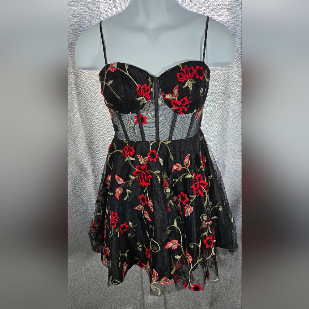 B Darlin Black Dress with Red Floral Embroidery